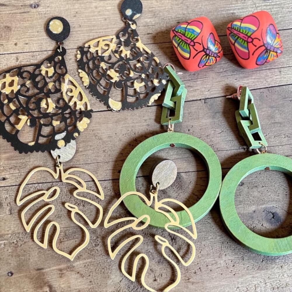 Lot of 4 Pairs of Boho Style Wood Tropical Artisan Pierced Statement Earrings